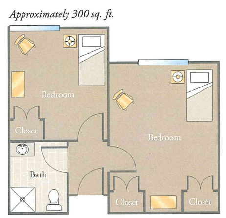 A floor plan of an approximately 300 square foot apartment layout.