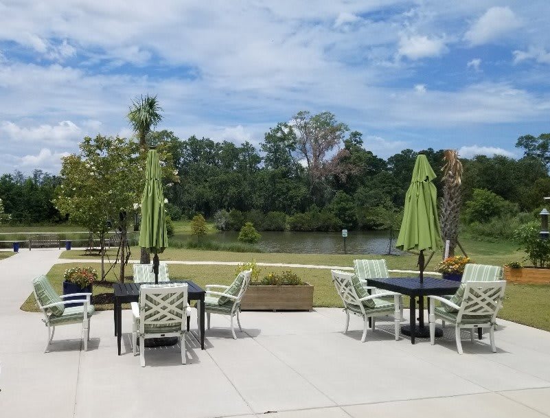 A scenic outdoor patio area with tables, chairs, and green umbrellas overlooking a lake and surrounded by trees under a partly cloudy sky.