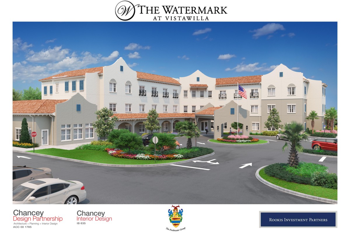 The Watermark at Vistawilla senior living facility with landscaped entrance and modern architecture.