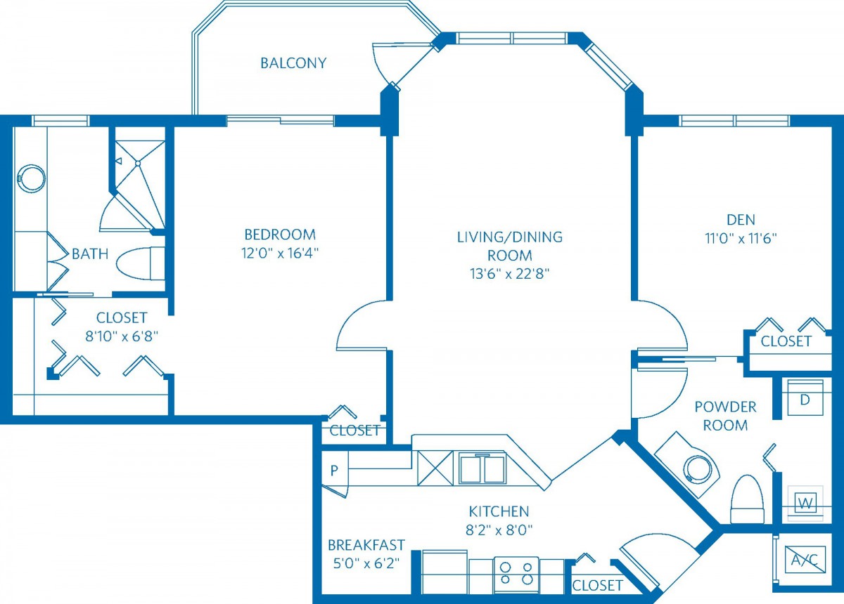 A detailed floor plan of an apartment, showing the layout of rooms including a living/dining room, bedroom, kitchen, and balcony.