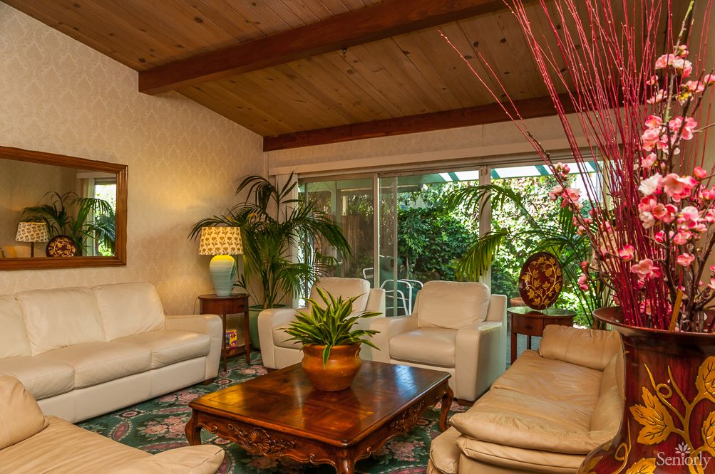 A cozy mid-century modern living room with wooden ceilings, white furniture, and lush greenery.