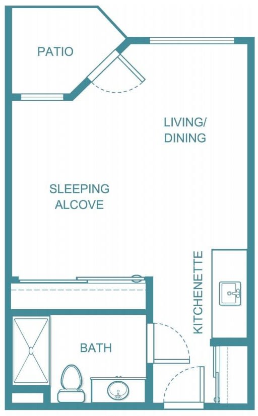 Floor plan of a studio apartment showing sections for sleeping, living, dining, and a kitchenette.