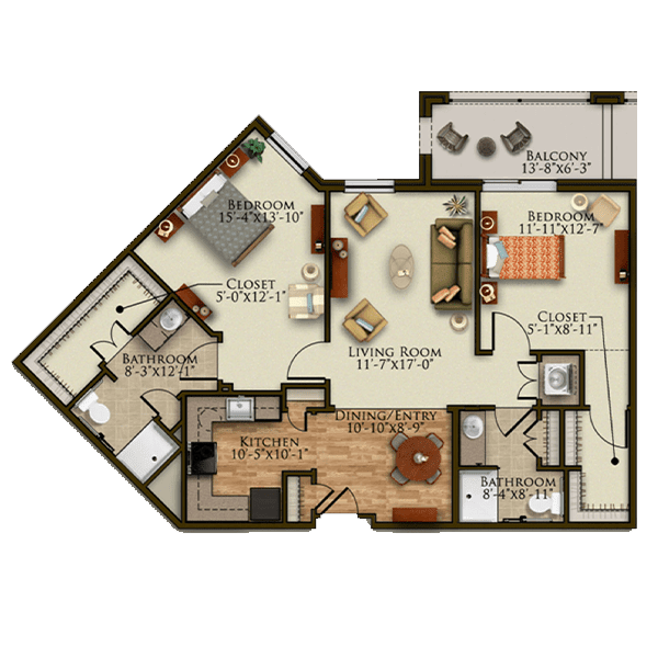 A detailed floor plan of a two-bedroom apartment featuring a living room, kitchen, two bathrooms, and a balcony.