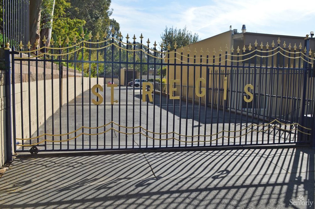 A metal gate with decorative letters at the entrance of a property, casting shadows on the ground.