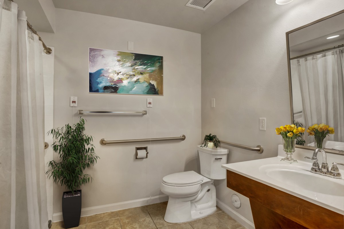 A modern bathroom with a toilet, sink, and artwork on the wall, featuring handrails and a potted plant for decoration.