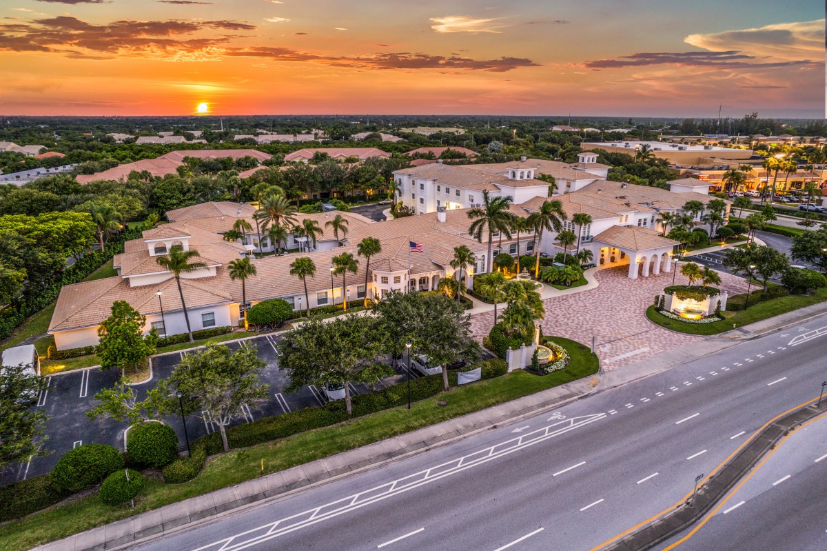 Aerial view of a residential neighborhood with palm trees at sunset.