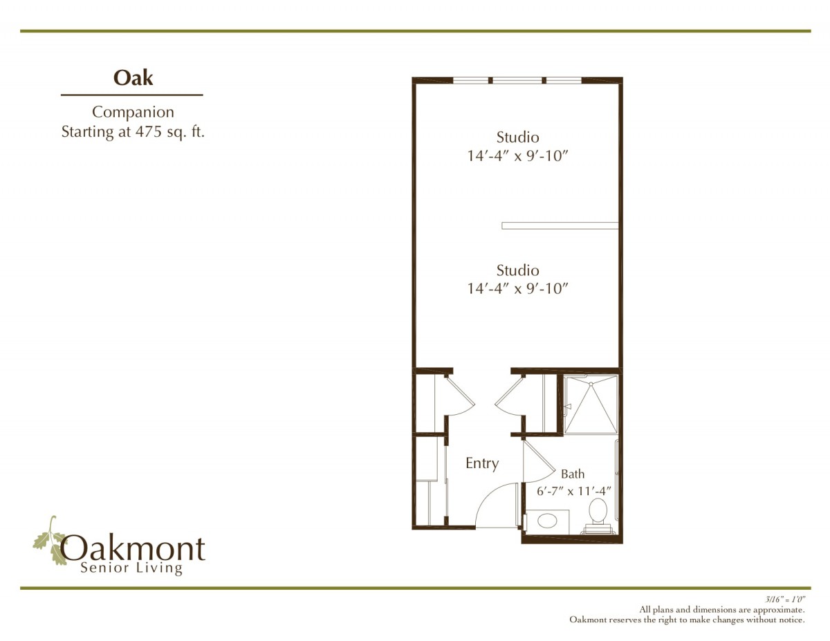 A floor plan of a studio apartment with dimensions and layout details.