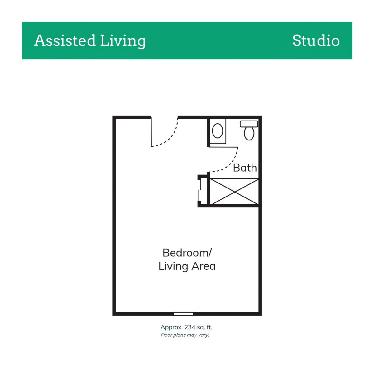 Floor plan of an assisted living studio apartment.
