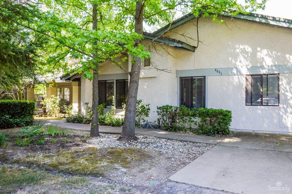 A quaint single-story house surrounded by trees and greenery, with a driveway leading up to it.
