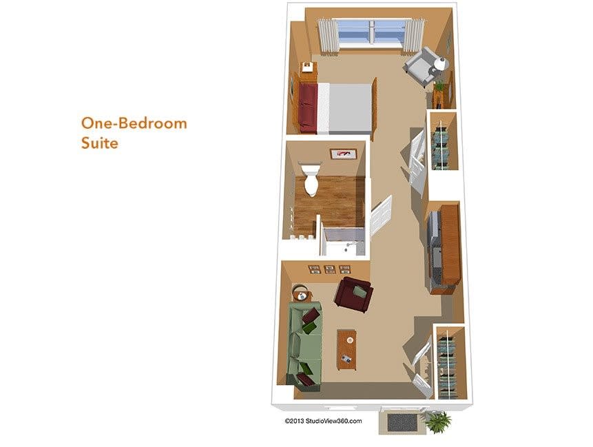 A detailed floor plan of a one-bedroom suite showcasing the layout and interior spaces.