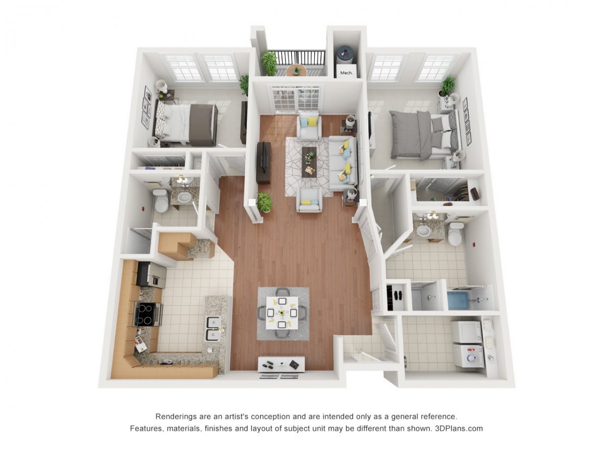 A 3D layout of a modern apartment featuring two bedrooms, a spacious living area, and an open kitchen.