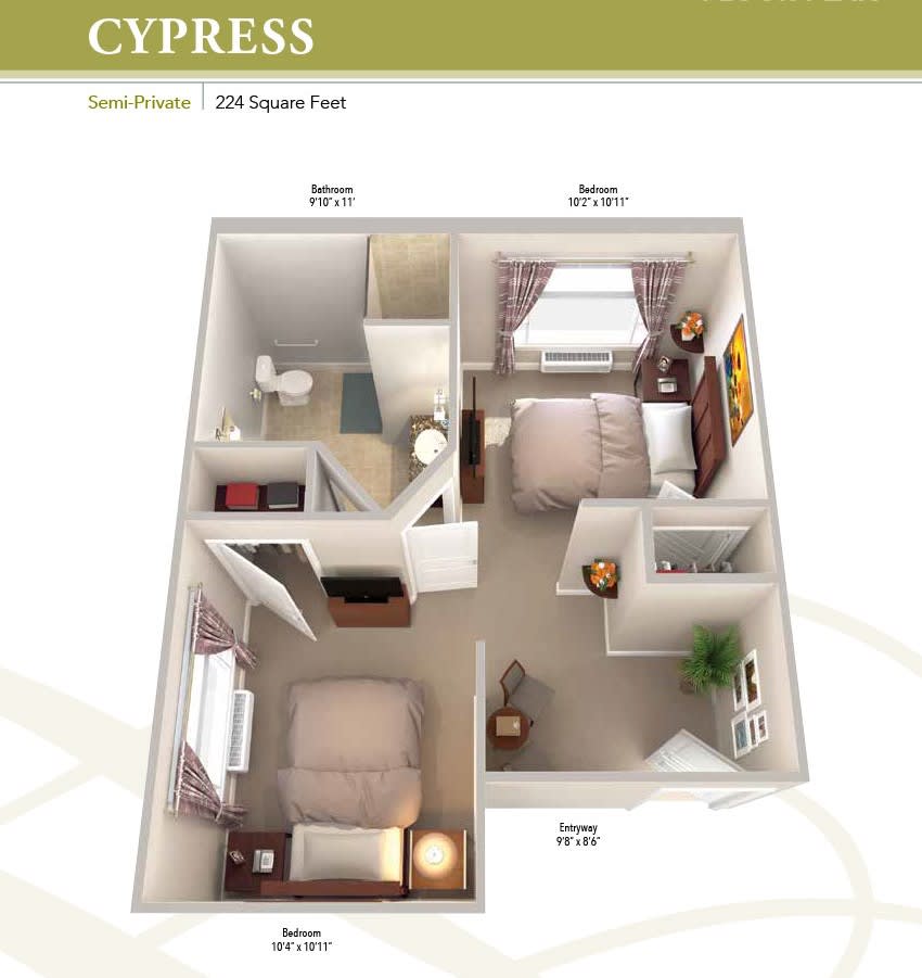3D floor plan of a Cypress apartment featuring one bedroom and an open living area.