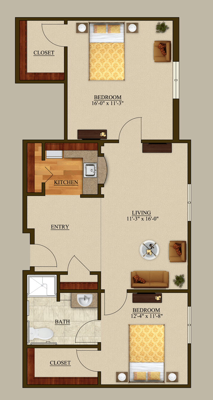 A detailed floor plan of an apartment featuring a living room, kitchen, bedroom, and bathroom.