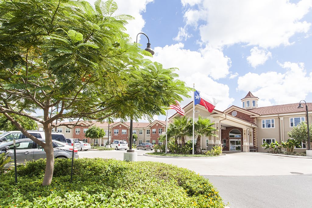 A view of a hospital entrance with American and Texas flags, surrounded by trees and landscaping under a cloudy blue sky.