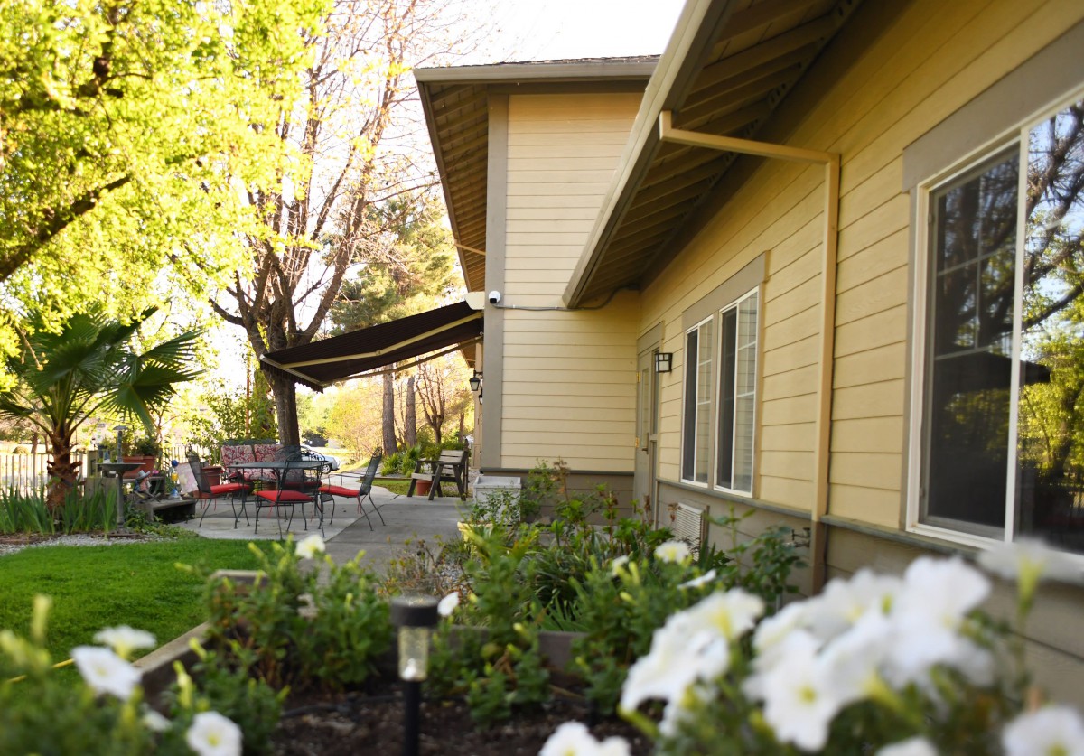 A sunny day outside a house with a garden and patio area.