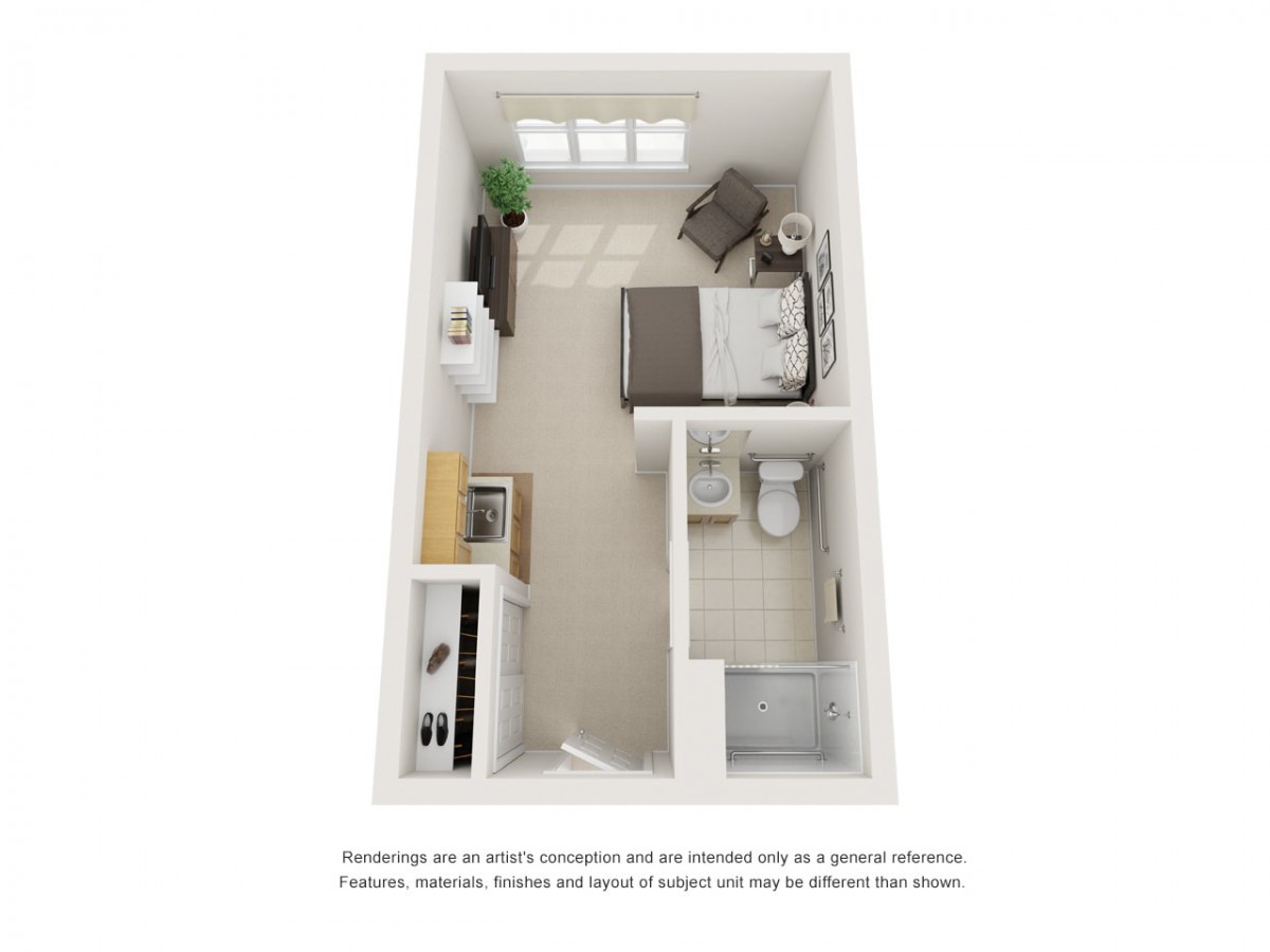A 3D floor plan of a compact studio apartment featuring a bedroom, bathroom, and kitchenette.