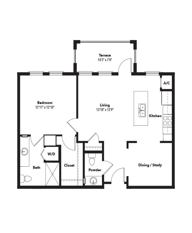 A floor plan depicting a one-bedroom layout with a dining area, kitchen, bathroom, and patio.