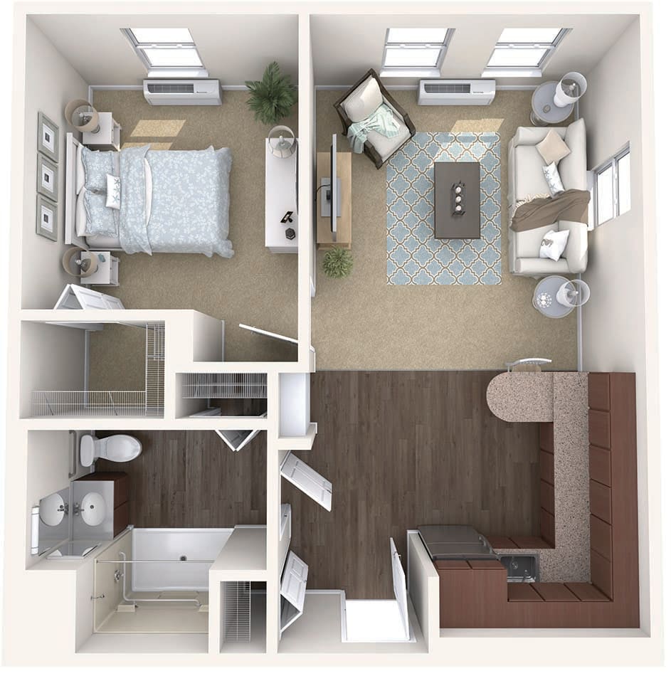 A top-down view of a one-bedroom apartment floor plan featuring a living room, kitchen, bedroom, and bathroom.