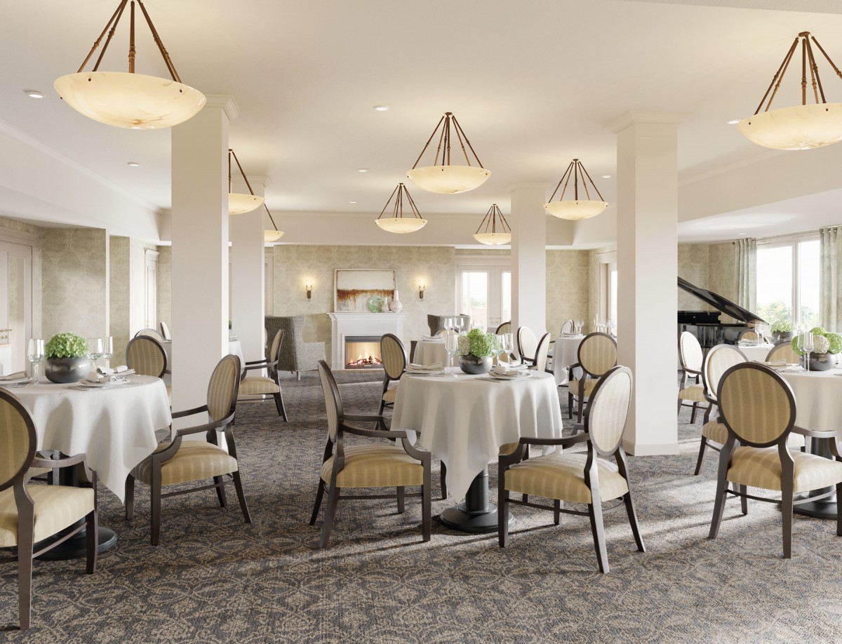 An elegant dining room with round tables, upholstered chairs, and ambient lighting.