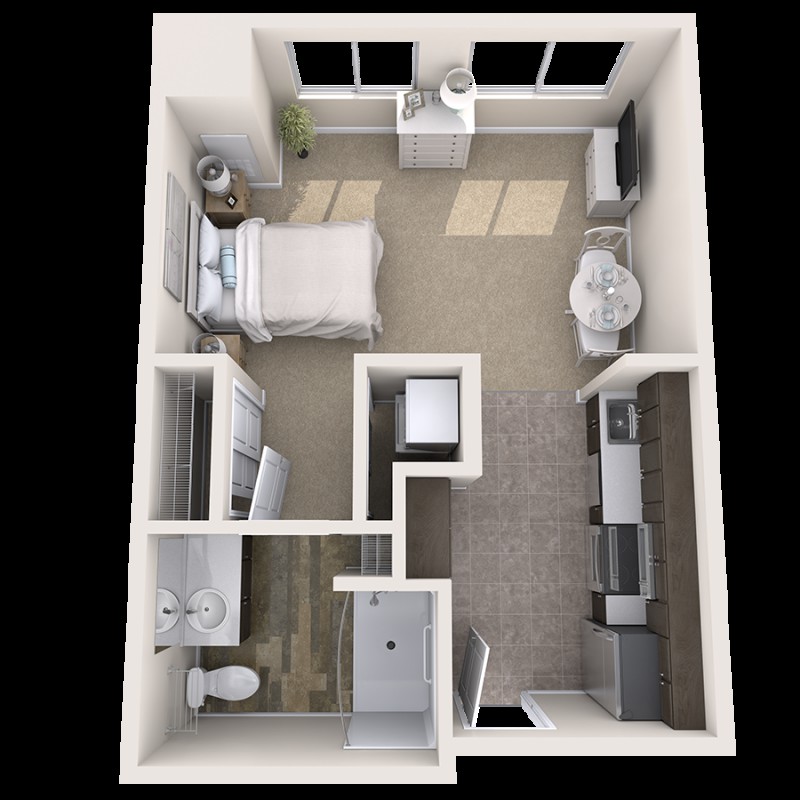 A 3D floor plan of a one-bedroom apartment showcasing the layout with a living area, kitchen, bathroom, and bedroom.