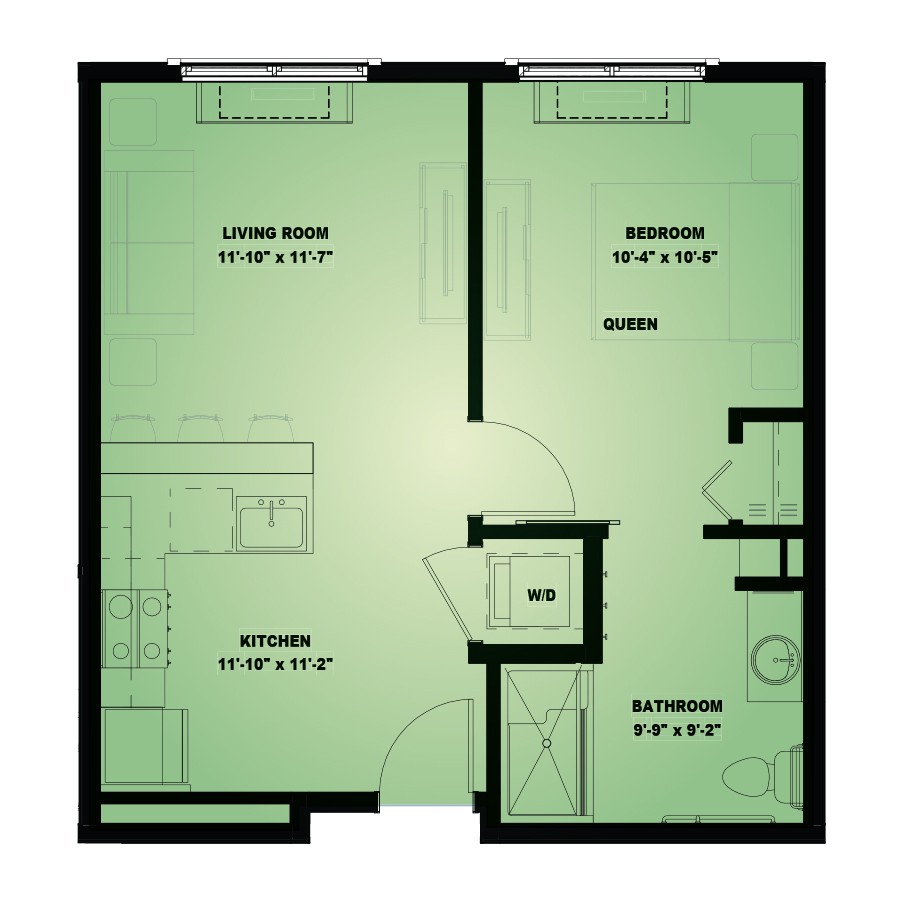 A simple floor plan of an apartment featuring a living room, kitchen, bedroom, and bathroom.