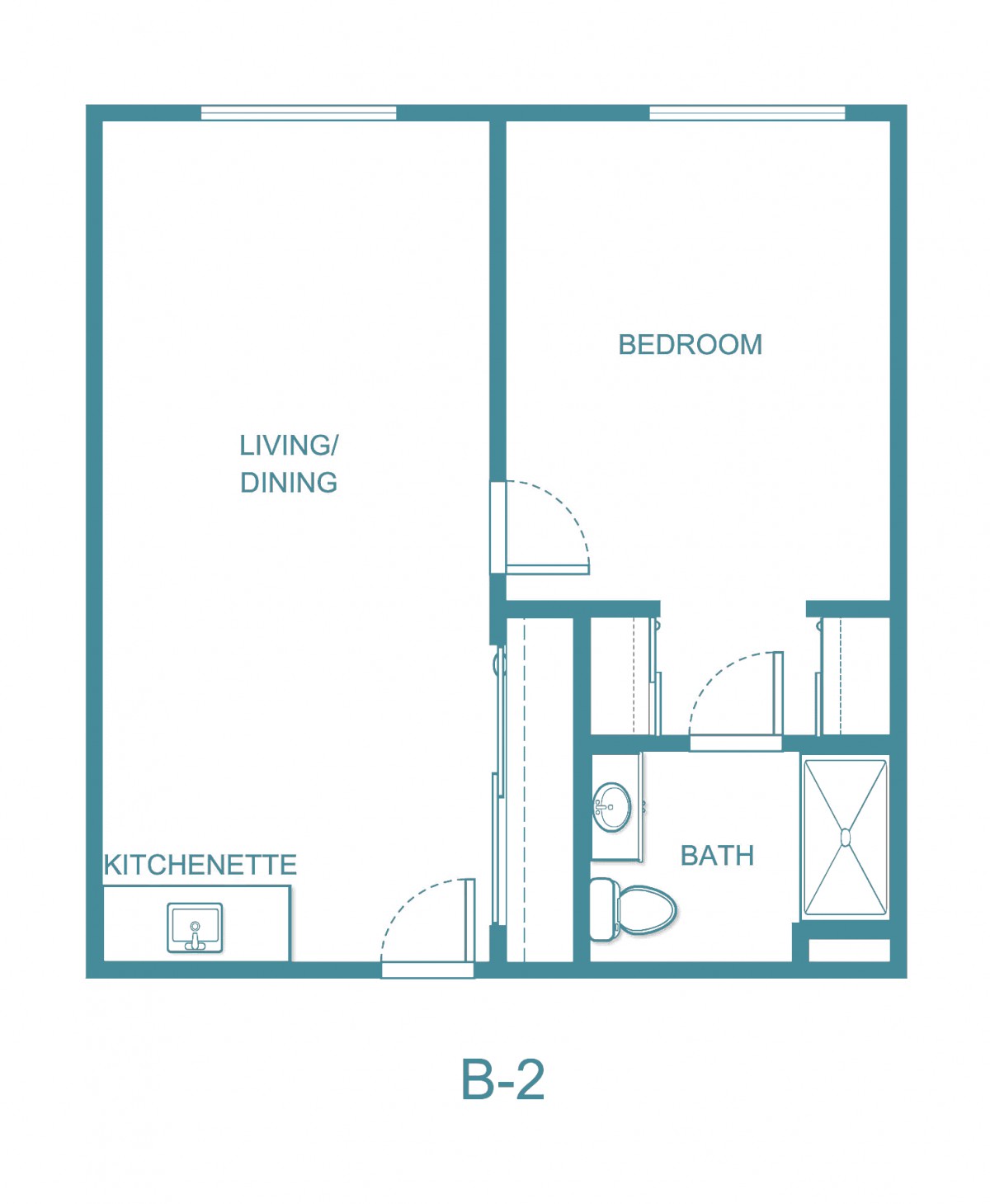 A floor plan layout of a one-bedroom apartment with a living/dining area, kitchen, and bathroom.