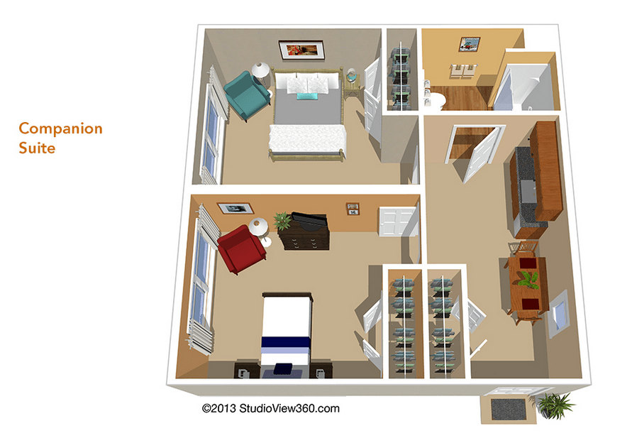 A detailed floor plan of a compact apartment featuring two bedrooms, a living area, and a kitchen.