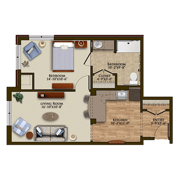 A floor plan of a one-bedroom apartment with a living room, kitchen, and bathroom.