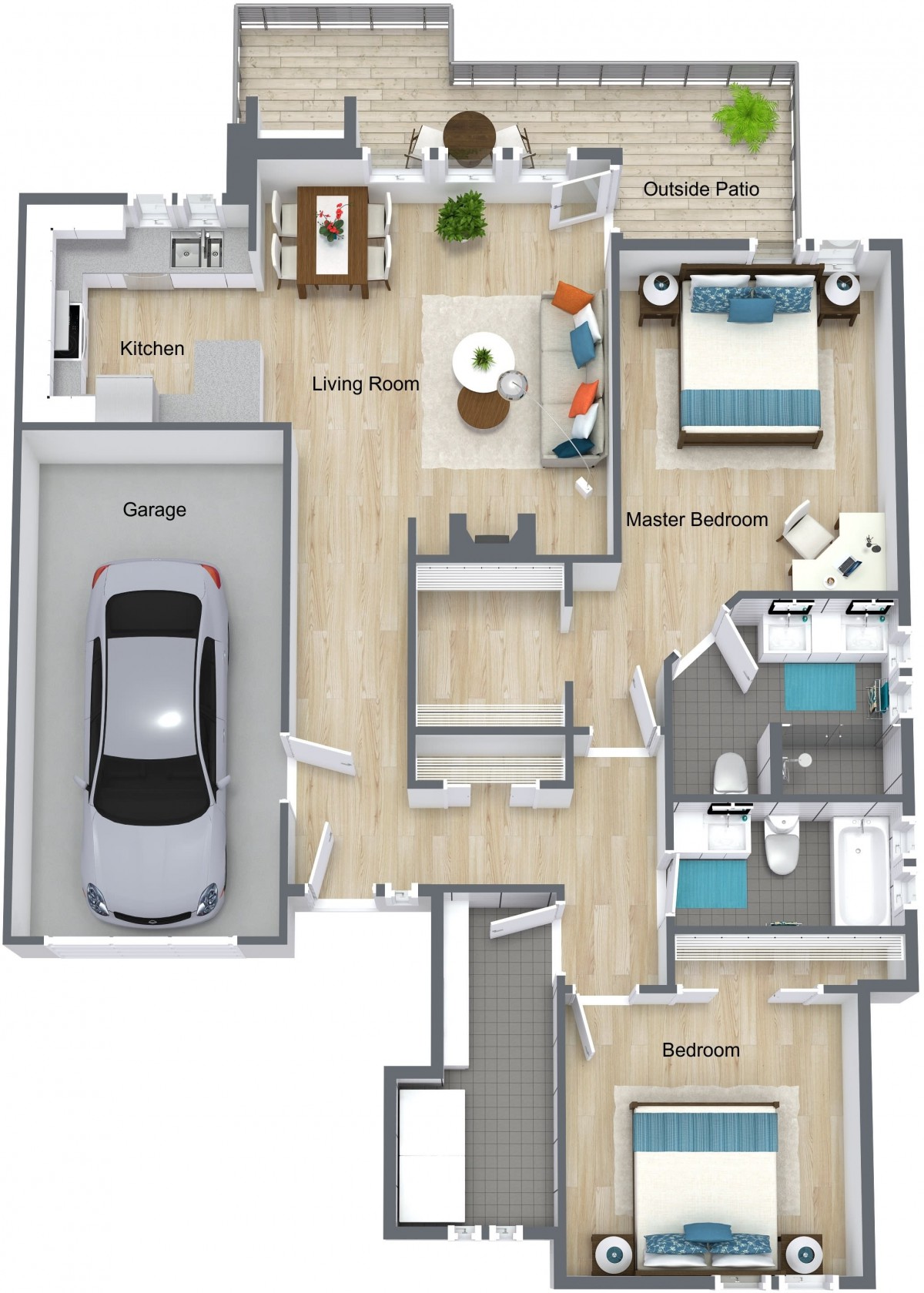 A detailed floor plan of a house featuring a garage, living room, kitchen, master bedroom, bathroom, and an additional bedroom.