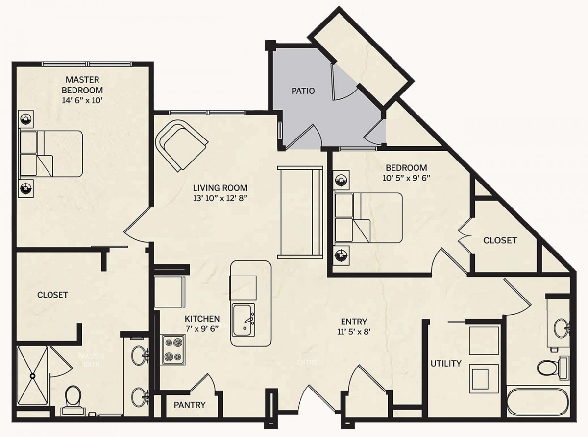 This is a floor plan of a two-bedroom apartment featuring a kitchen, living room, and bathroom.