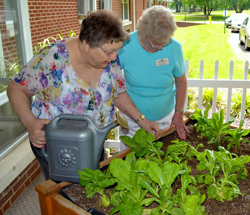 Two women tending to a vegetable garden, highlighting the joy of gardening and community involvement.