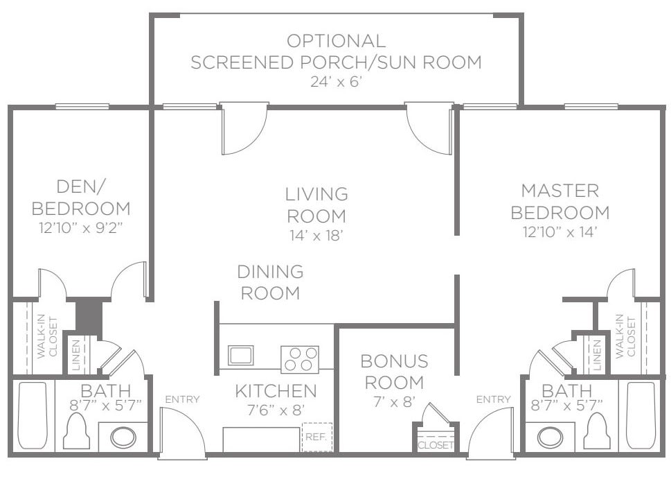 Floor plan of a house featuring two bedrooms, a living room, dining area, kitchen, and optional screened porch/sunroom.