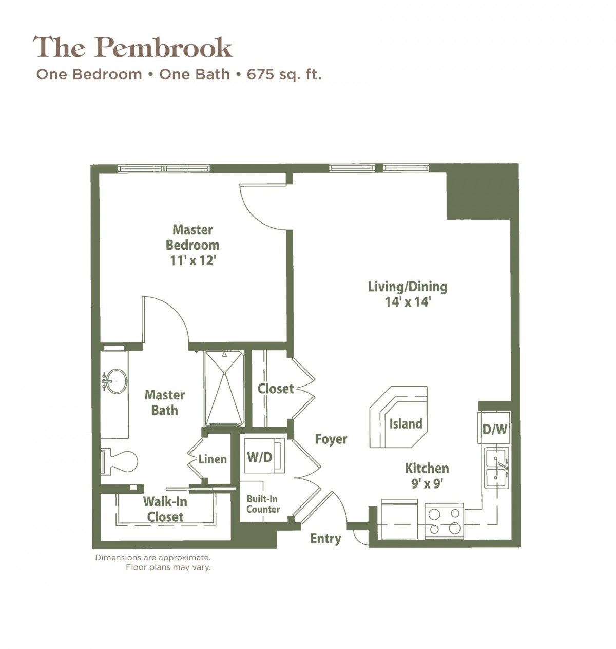 Floor plan of a one-bedroom, one-bathroom apartment called 'The Pembrook'.