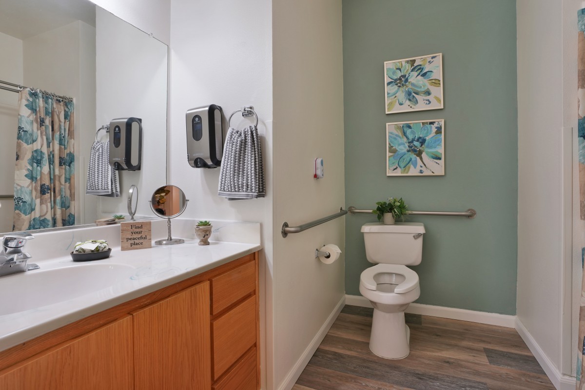 A well-designed bathroom with a toilet, sink, and decorative wall art.