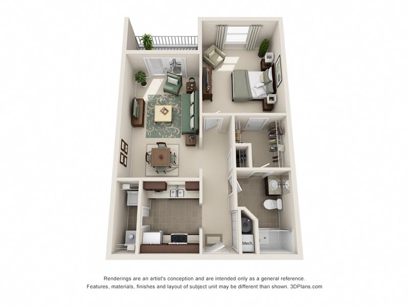 A 3D rendered floor plan of a one-bedroom apartment featuring a living room, kitchen, bathroom, bedroom, and balcony.