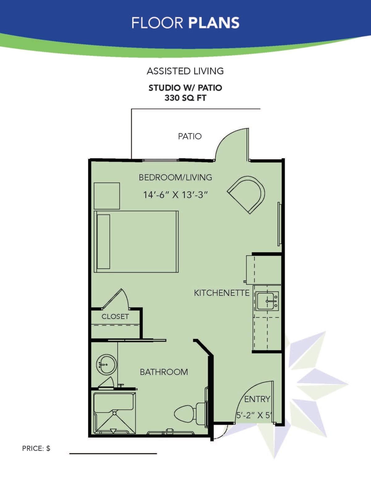 Studio apartment floor plan for assisted living.