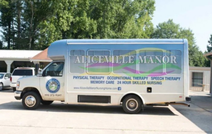 A healthcare service van offering physical, occupational, and speech therapy parked outdoors.