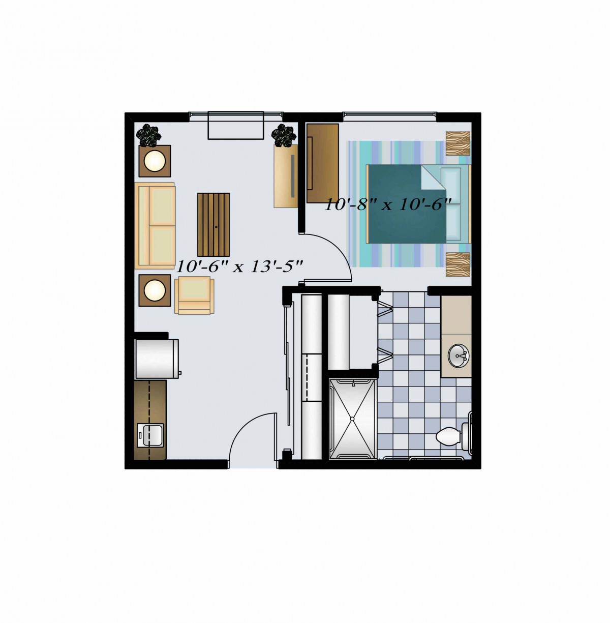 A compact one-bedroom apartment floor plan featuring a living room, kitchen, and bathroom.