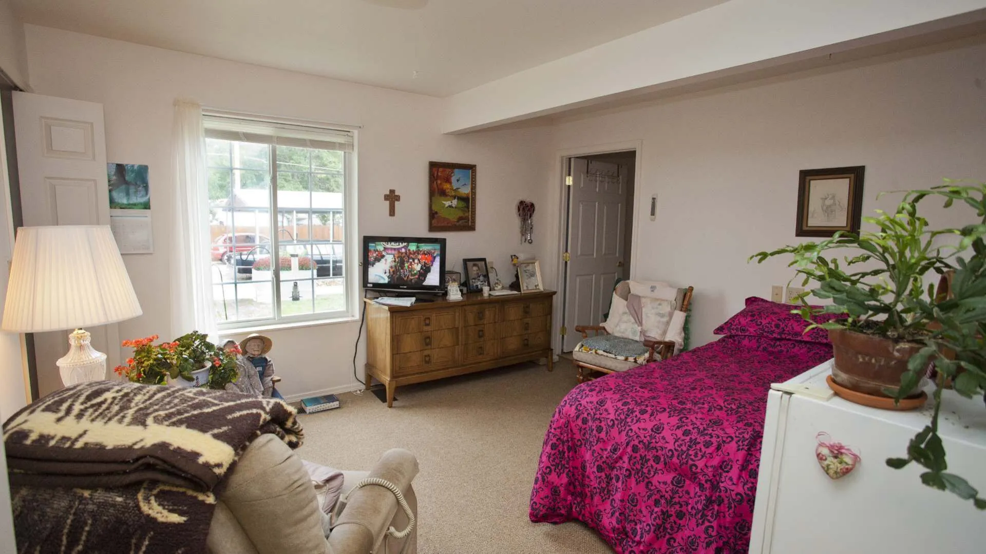 A cozy living space featuring a bed, television, and various decor items.