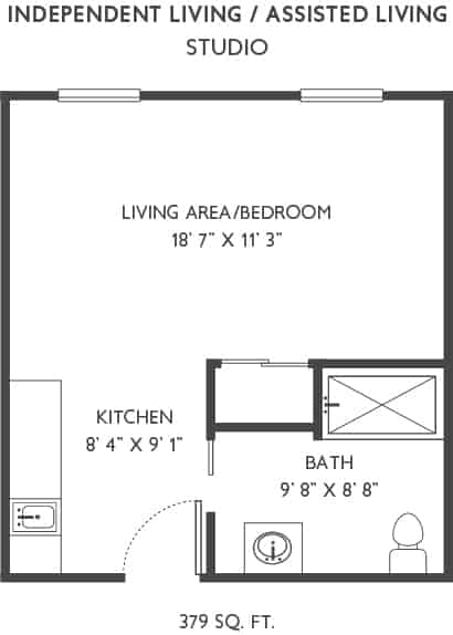 Floor plan of a studio apartment with designated areas for living/bedroom, kitchen, and bathroom.