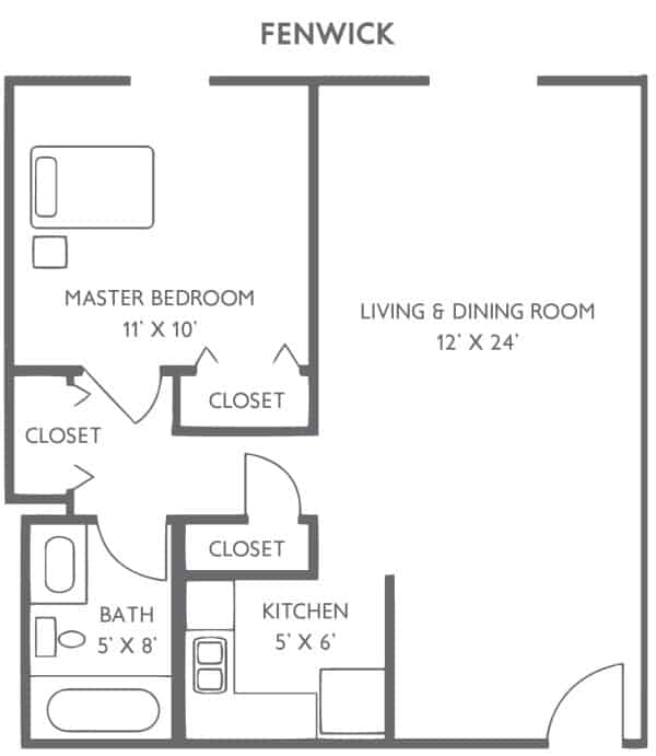 Floor plan of a one-bedroom apartment with designated areas for the living & dining room, kitchen, bathroom, and closets.
