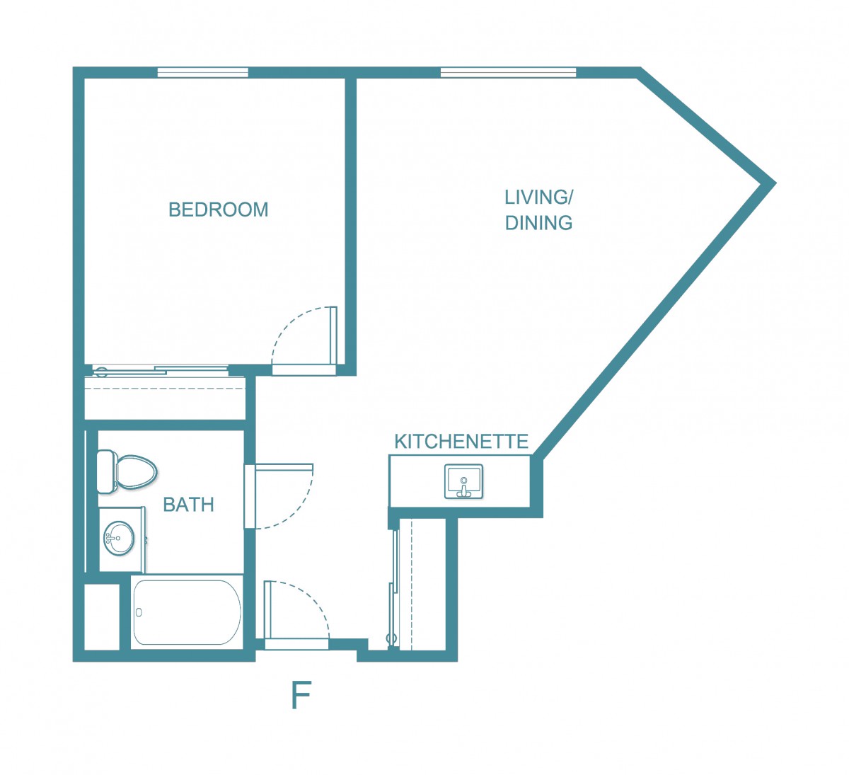 Floor plan of a one-bedroom apartment with a bathroom, kitchenette, and living space.