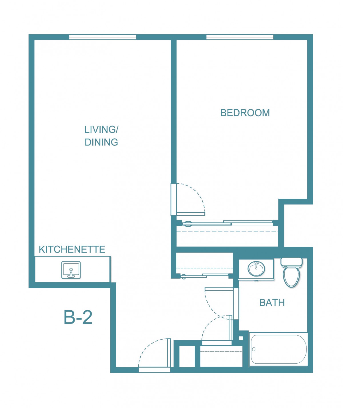 This is a floor plan of a one-bedroom apartment featuring a living/dining area, kitchenette, and bathroom.