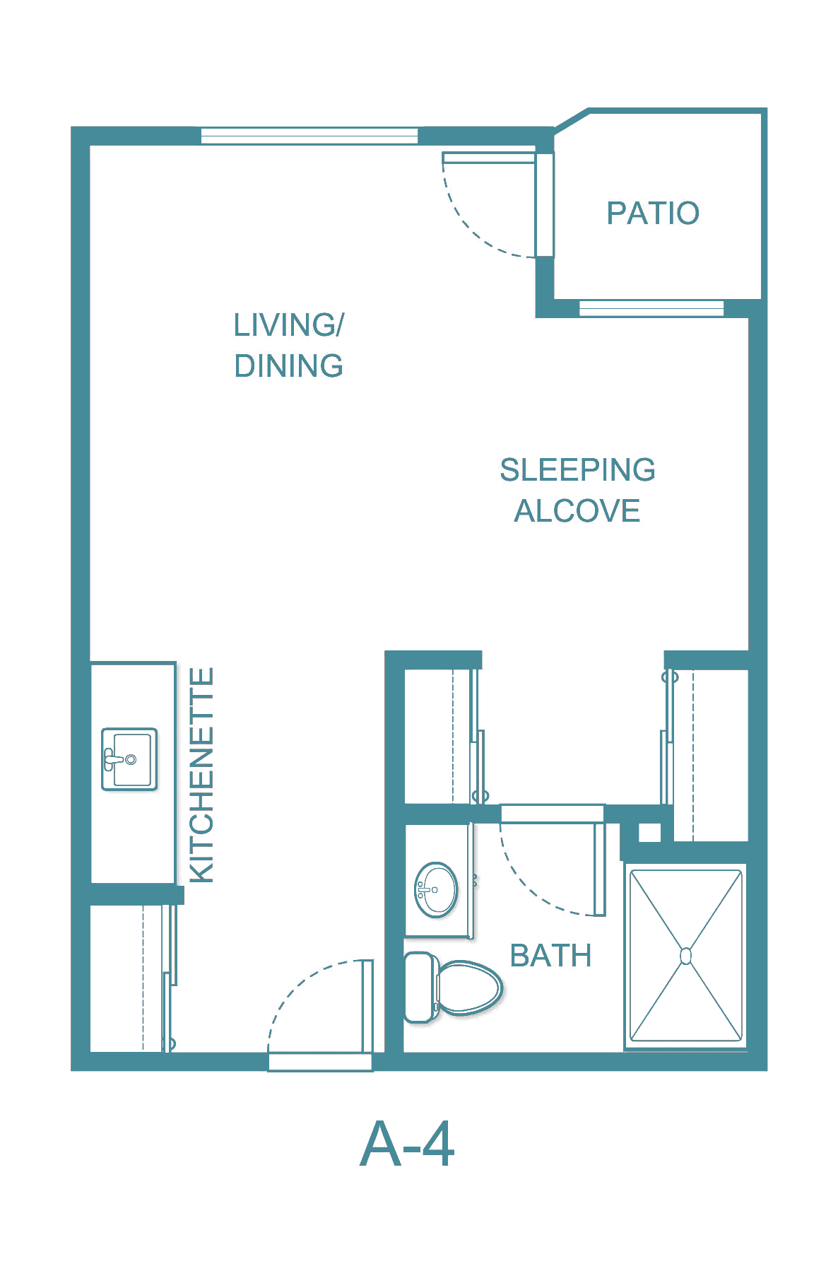 Compact studio apartment floor plan with a kitchenette, living/dining area, sleeping alcove, and bathroom.