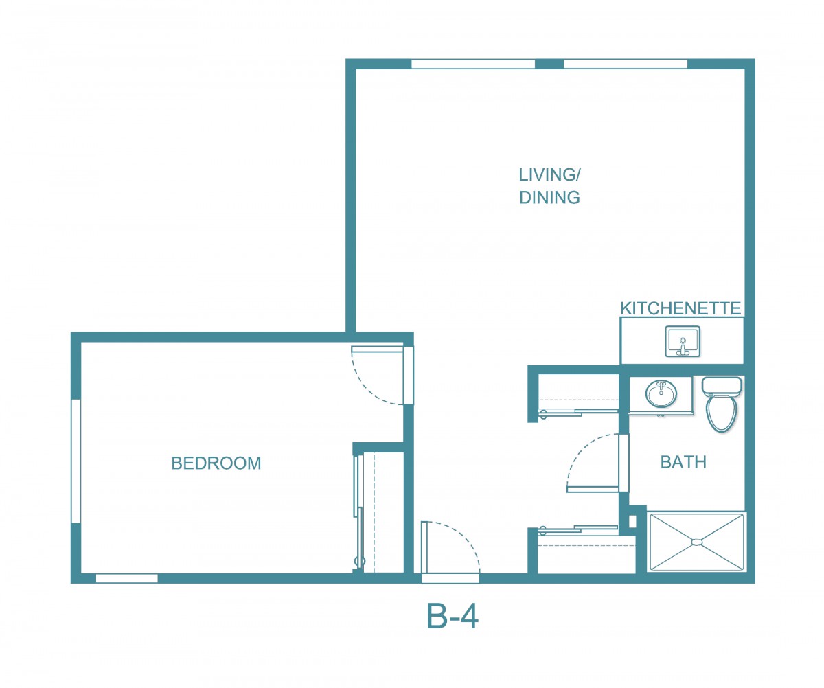 A floor plan of a one-bedroom apartment with labeled rooms.