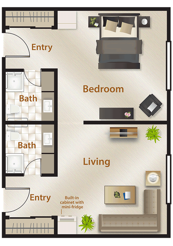 A floor plan of an apartment featuring a bedroom, living room, and two bathrooms.