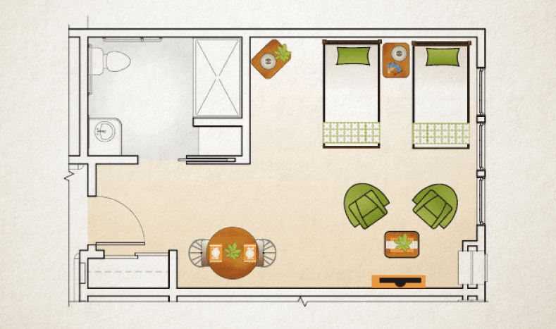 A floor plan showing a bedroom, living area, and furniture arrangement.