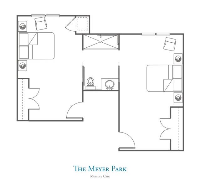 A floor plan of an apartment with two rooms and a shared bathroom.