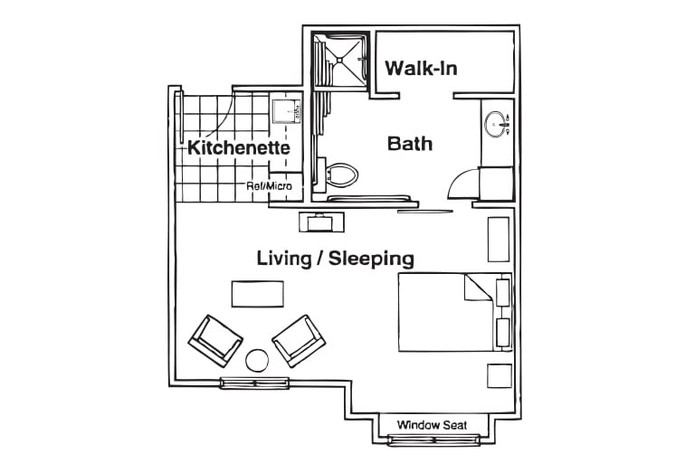 Studio apartment floor plan with kitchenette and living/sleeping area.