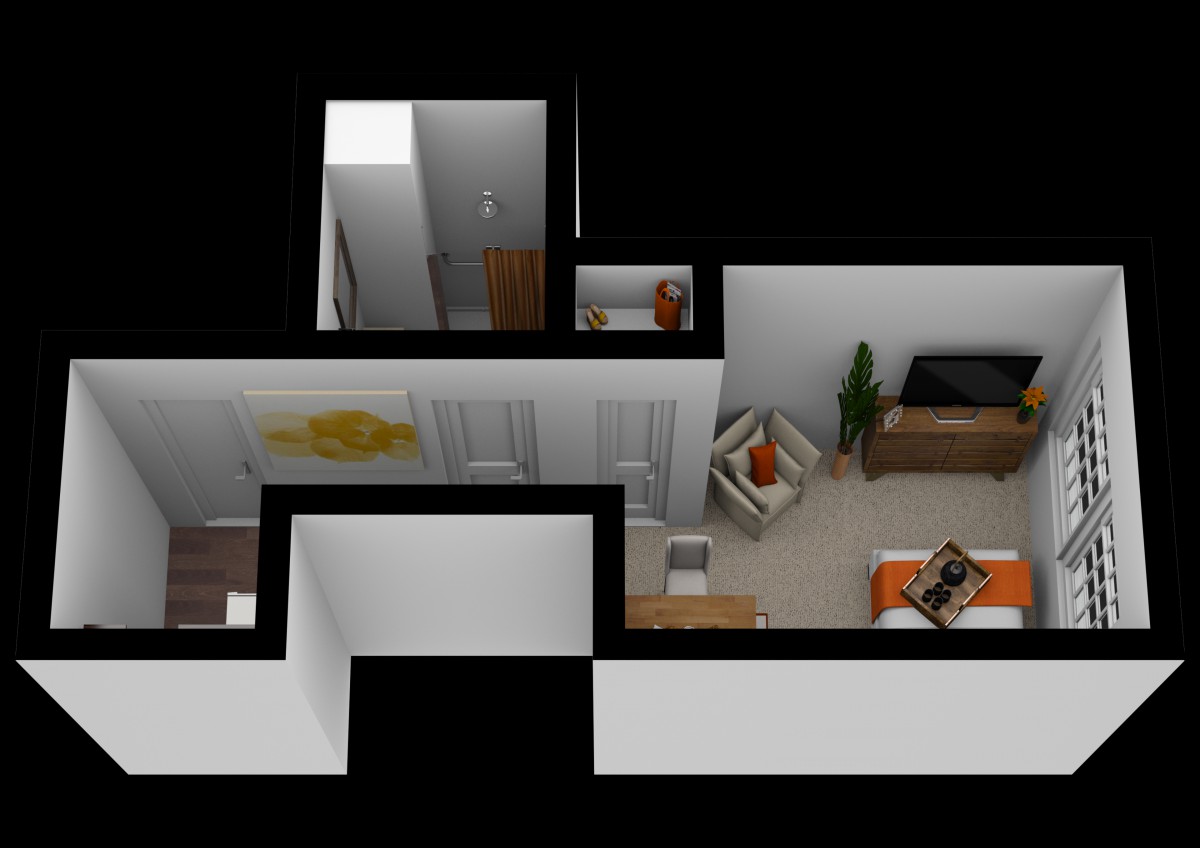 A 3D rendered floor plan showcasing a compact apartment layout with modern interior design.